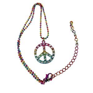 Rainbow Beaded Peace Sign Pendant Necklace With Rhinestone Embellishments